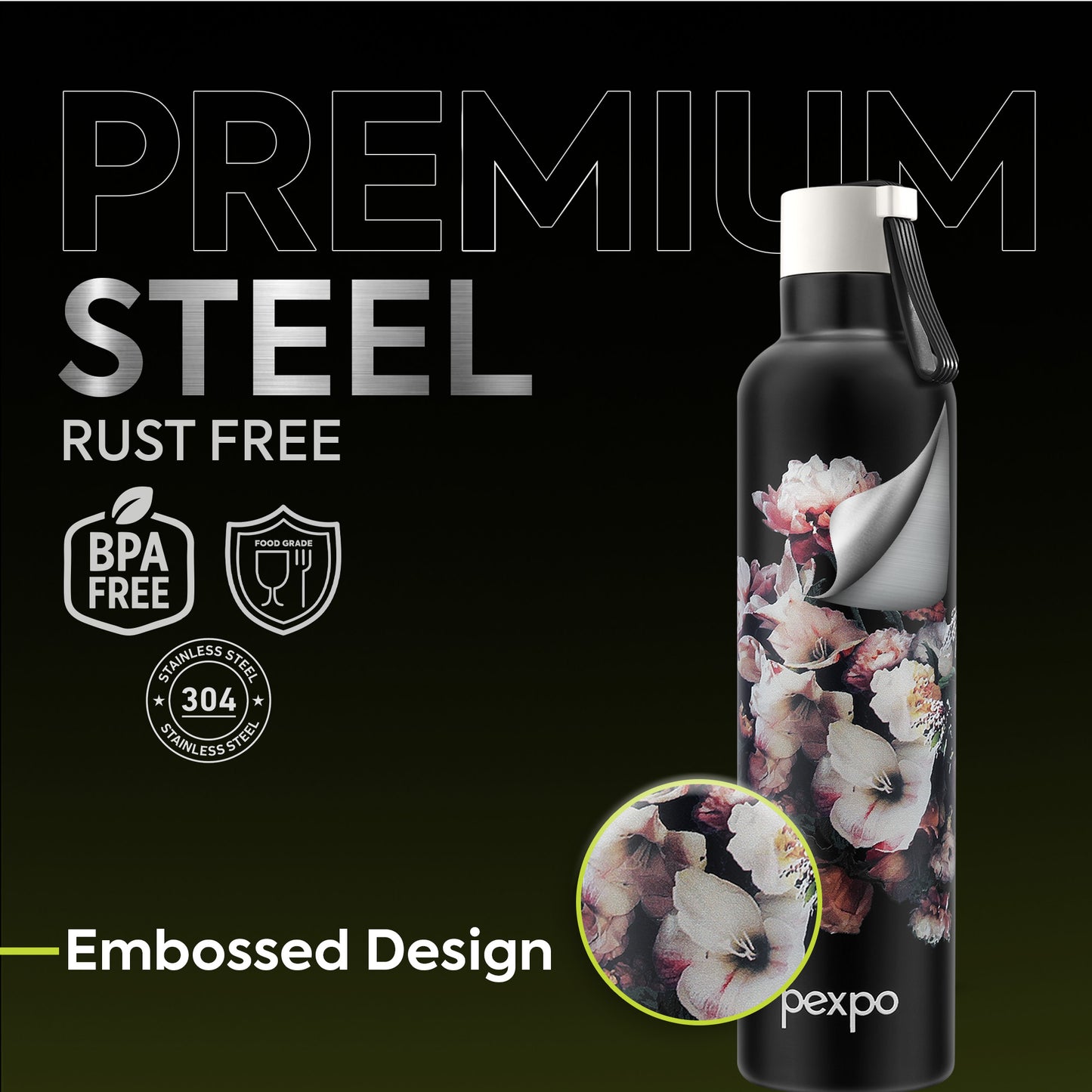 Oslo Black Flower Print Hot & Cold Water Bottle