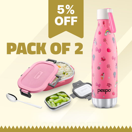 Combo- Espresso Pink with Candy design 500 ml (Vacuum Insulated Bottle) and Tasty Bite Pink (Lunch Box)