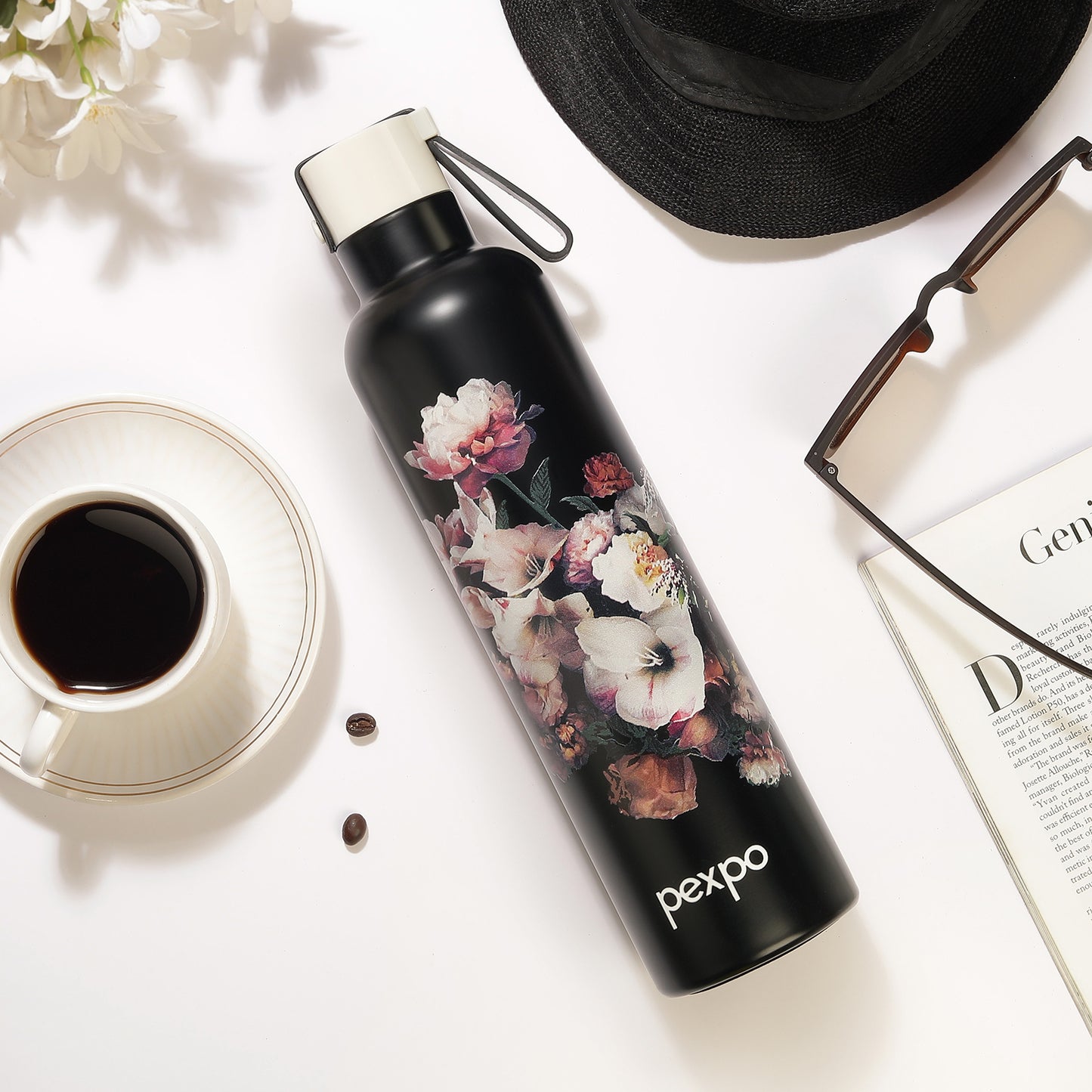 Oslo Black Flower Print Hot & Cold Water Bottle