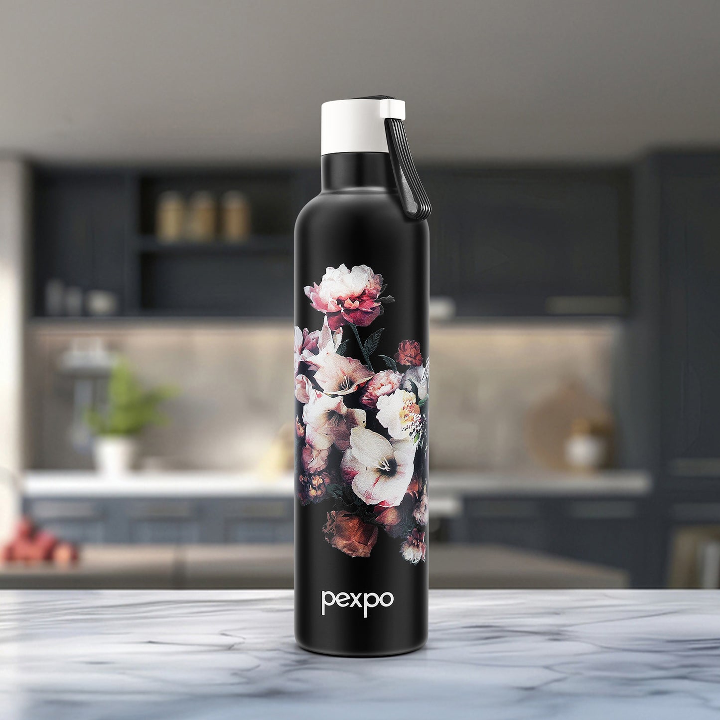 Oslo Black Flower Print Hot & Cold Water Bottle