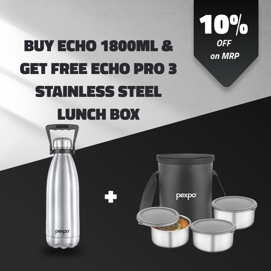 ECHO 1800ml Silver ( Hot & Cold Vacuum Insulated) with  Eco Pro-3 Black ( Stainless Steel Lunch Box ) Free !