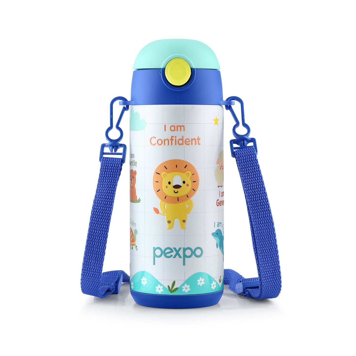 Pexpo Pixy Art Stainless Steel Bottle | Tri-ply Vacuum Insulated | Hot and Cold | Straw, Carry Strap & Bumper Base | For Kids | ISI Certified