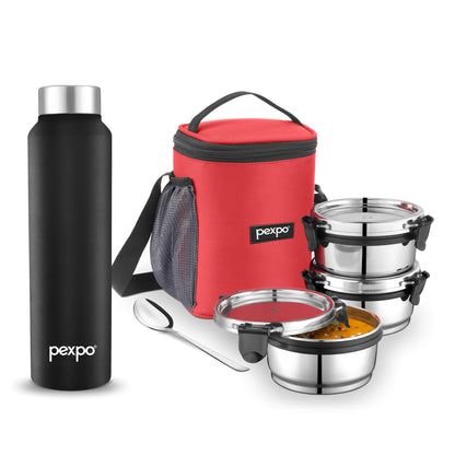 Combo- Steel X Pro Red (Lunch Box) and Chromo 750 ml Black (Water Bottle)