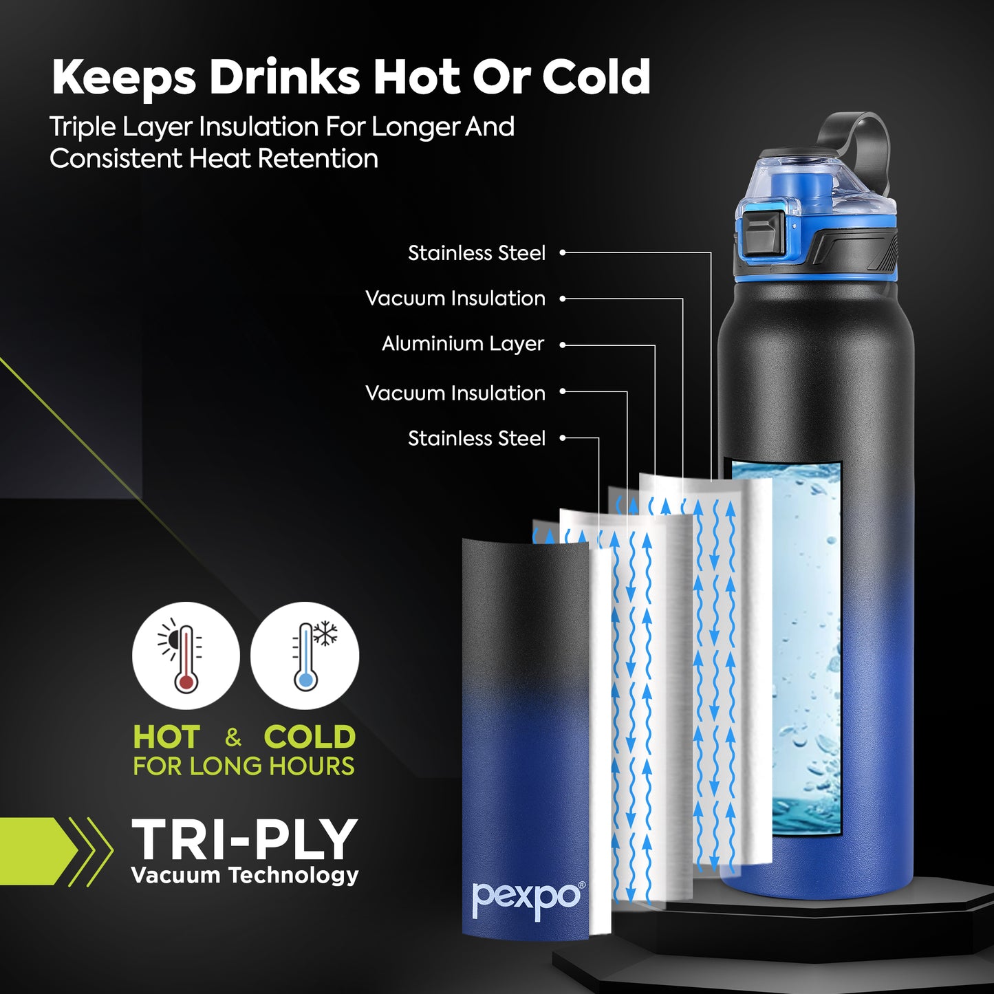 Pexpo Amaze Thermo Steel Bottle | Tri-Ply Vacuum Insulated Hot & Cold Flask | For Travel