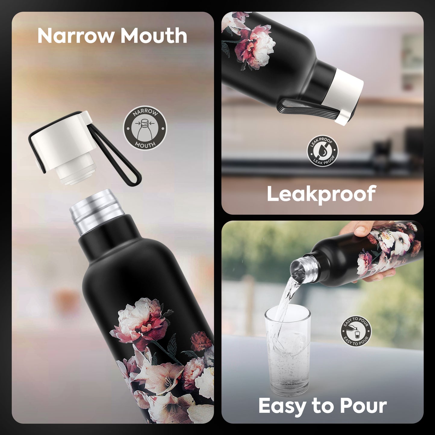 Oslo Black Flower Print Hot & Cold Water Bottle