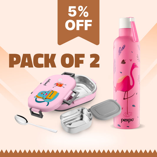 Combo- Oslo Pink with Flamingo design 750ml (Vacuum Insulated) and Tango Pink School Bag Design (Lunch Box)