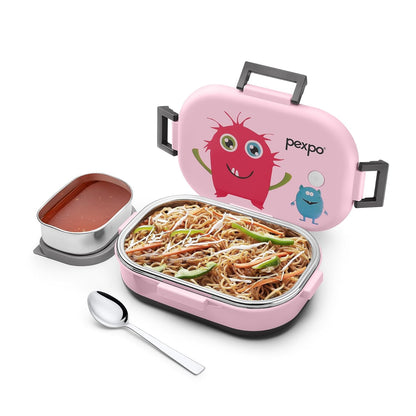 Pexpo Tango  - Stainless Steel Kids Lunch Box (Magenta Monster Design)