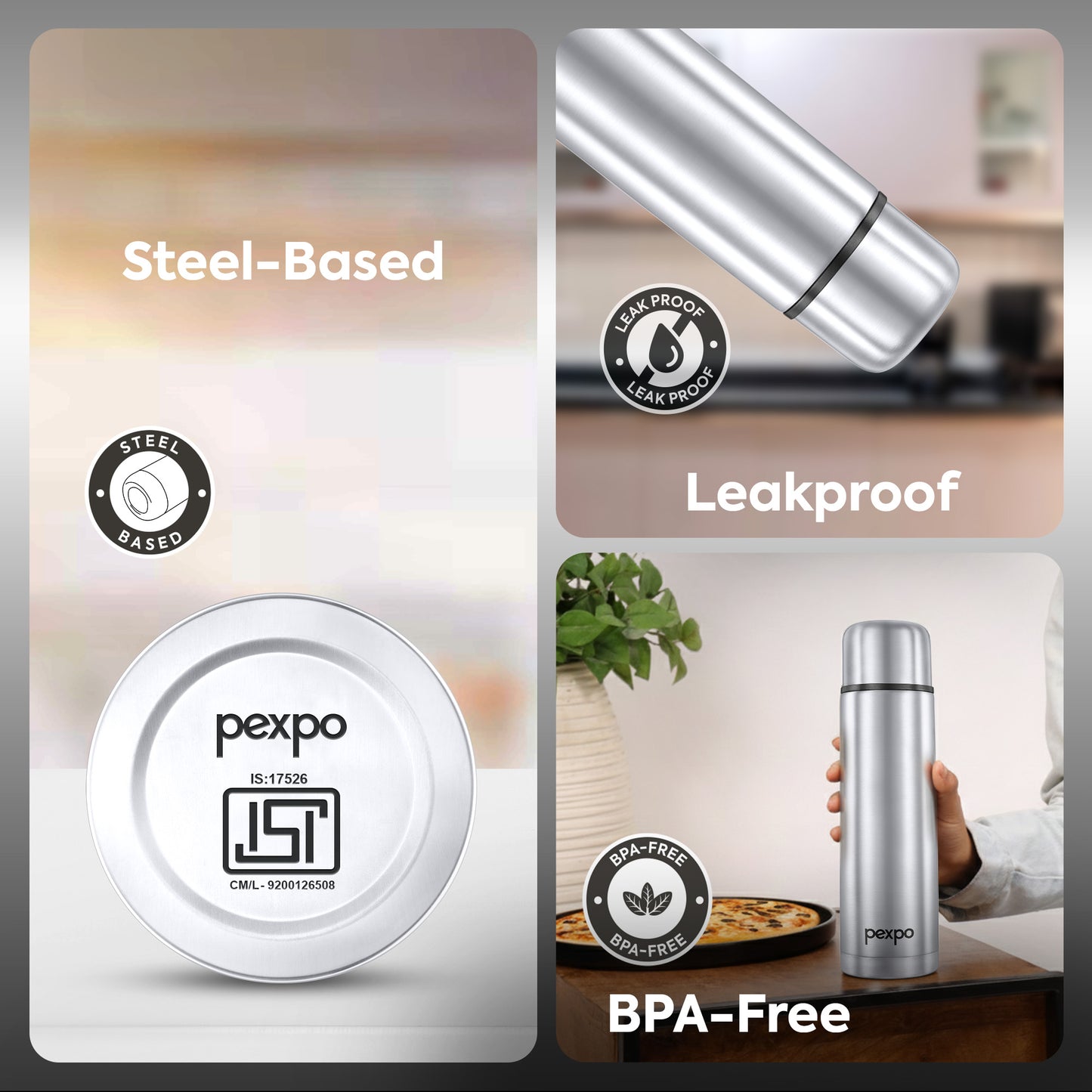 Pexpo Flamingo Thermo Steel Flask | Tri-Ply Vacuum Insulated Hot & Cold Bottle | Leakproof