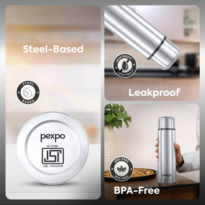 Pexpo Flamingo Thermo Steel Flask | Tri-Ply Vacuum Insulated Hot & Cold Bottle | Leakproof