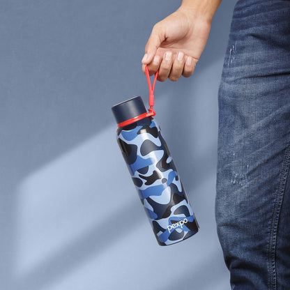 Pexpo Bravo- 24 Hrs Hot & Cold Stainless Steel Camouflage with Military Blue Design 700ml |  ISI Certified Flask