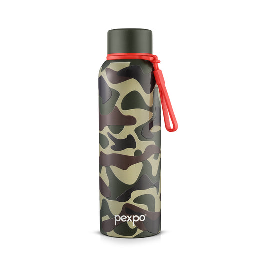 Pexpo Bravo- 24 Hrs Hot & Cold Stainless Steel Camouflage with Military Green Design 700ml |  ISI Certified Flask