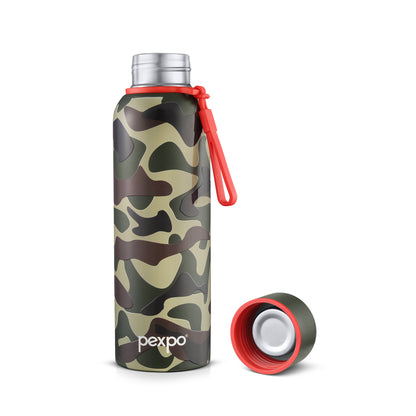 Pexpo Bravo- 24 Hrs Hot & Cold Stainless Steel Camouflage with Military Green Design 700ml |  ISI Certified Flask