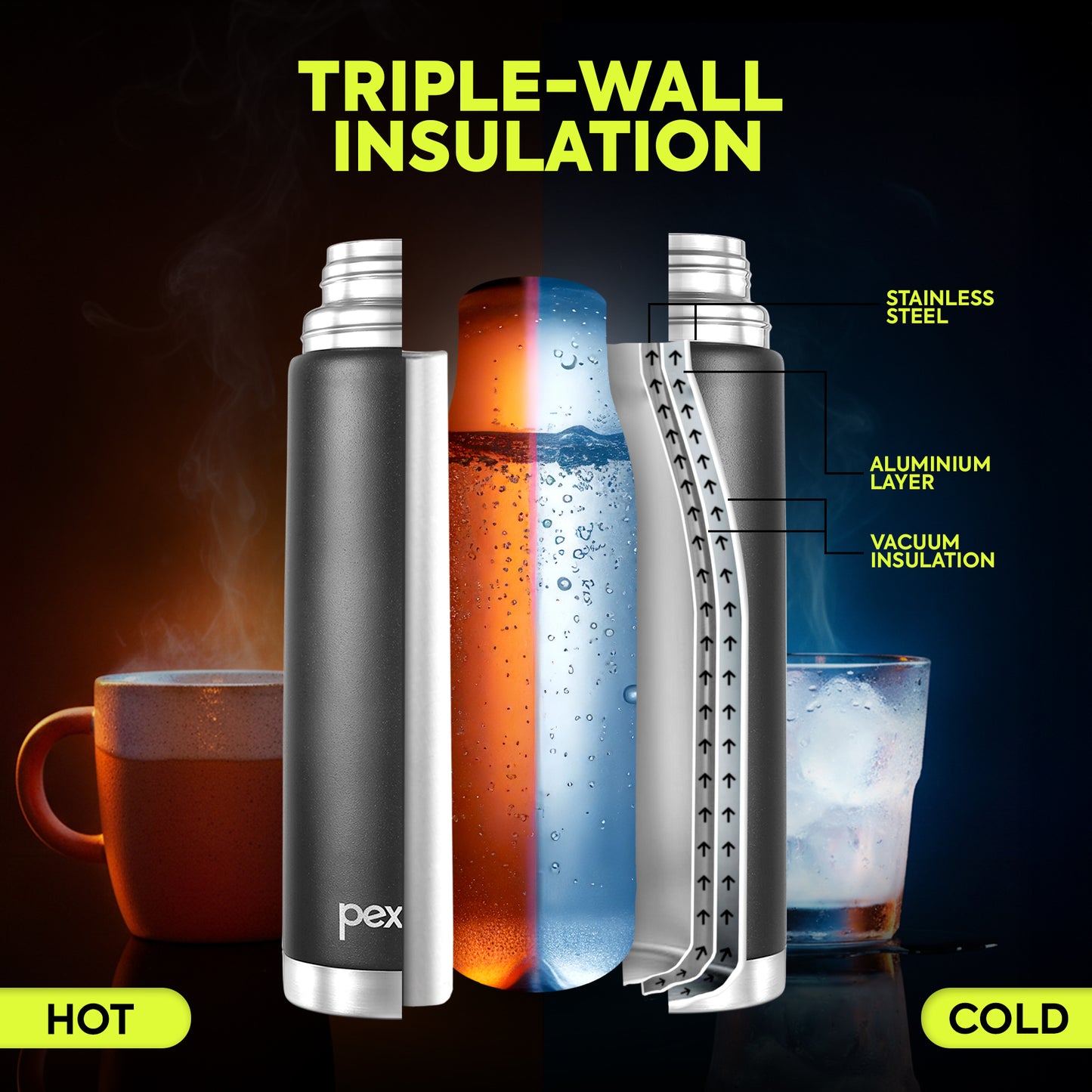 Pexpo Flamingo Thermo Steel Flask | Tri-Ply Vacuum Insulated Hot & Cold Bottle | Leakproof