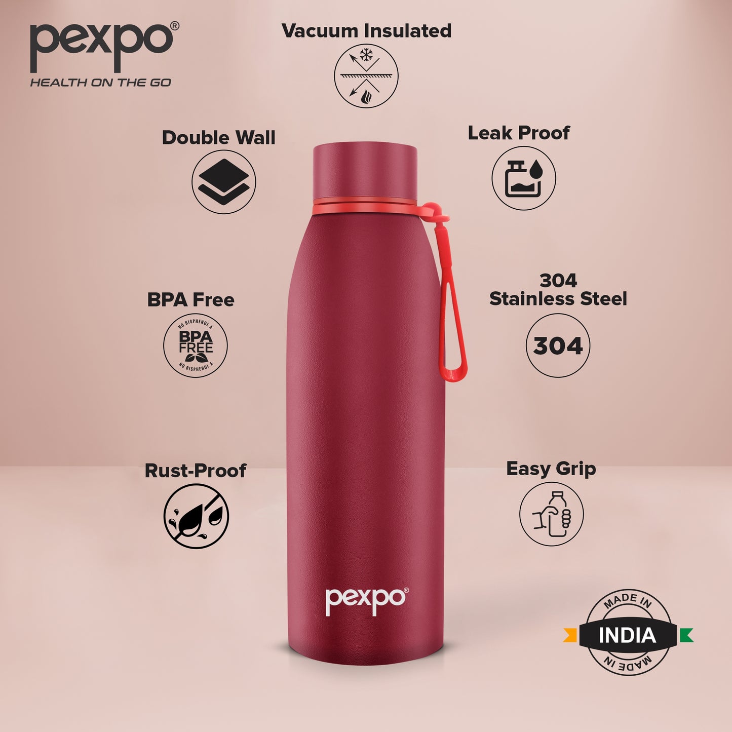 Pexpo Bolero- 24 Hrs Hot & Cold Stainless Steel Vacuum Insulated ISI Certified Flask, | BPA-Free | Eco-Friendly | Leak Proof |