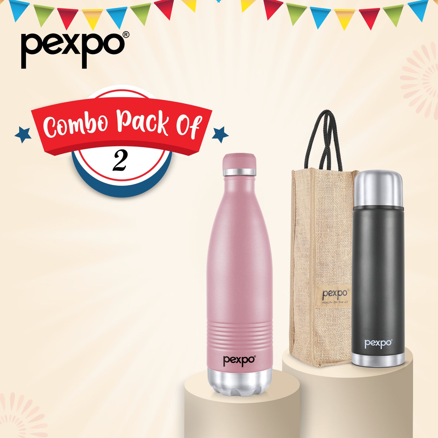 EchoDlxFlamingo Duo: Premium 1000ml Rosy Brown/Knight Black Vacuum Insulated Flask Combo