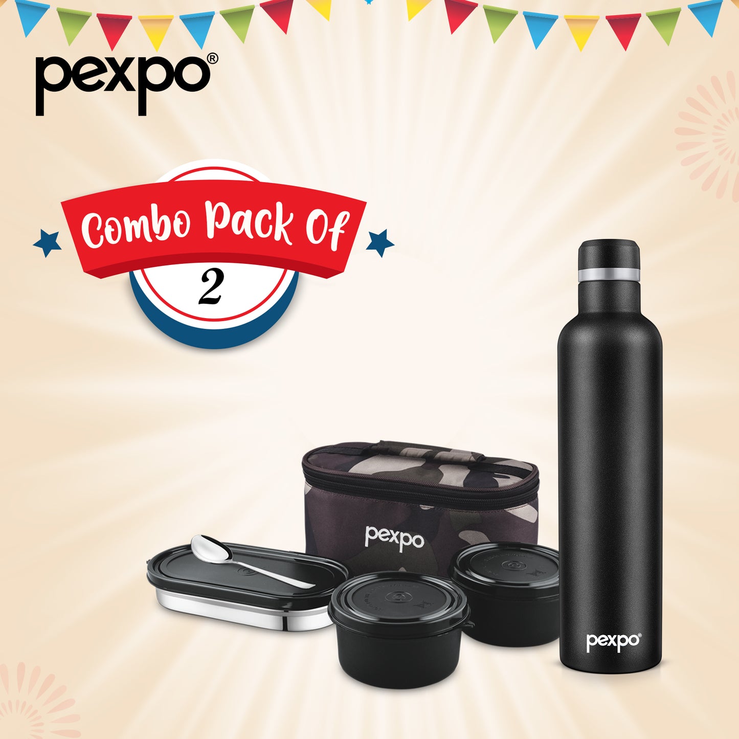 OreoMealMaster Duo: Premium Vacuum Insulated Bottle 1000ml Knight Black & Black Lunch Box Combo