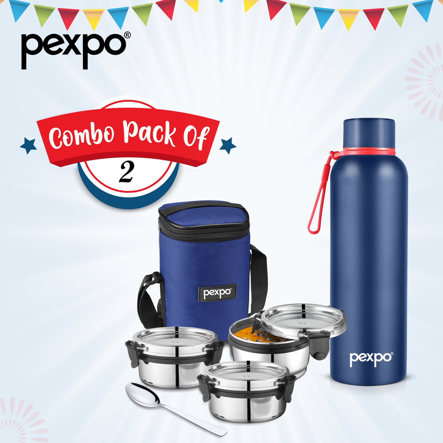 BravoSteelXPro Duo: Premium Vacuum Insulated Bottle 700ml Denim Blue & Blue Lunch Box Combo