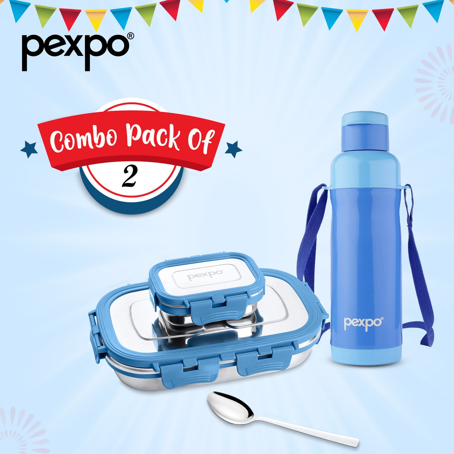 StarKidSteelMate Duo: PU Insulated Bottle 500ml & Steel Lunch Box (Blue) Combo