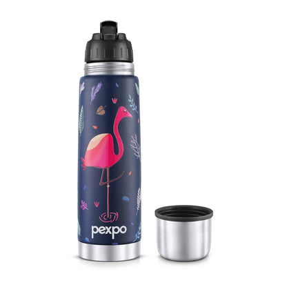 Pexpo Flamingo- Stainless Steel 24 Hrs Hot & Cold Vacuum Insulated with Flamingo Design, | Eco-Friendly, Durable, ISI Certified