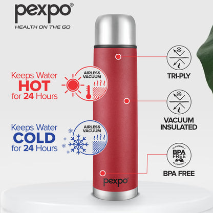 Pexpo Flamingo - 24+ Hours Hot & Cold Insulated Stainless Steel Vacuum Flask With Flip Cap|  Leak-Proof| ISI Certified