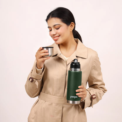 Pexpo Flamingo Thermo Steel Flask | Tri-Ply Vacuum Insulated Hot & Cold Bottle | Leakproof