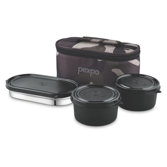 Pexpo Meal Master - Stainless Steel Offie Lunch Box & Micro Safe | Army Print