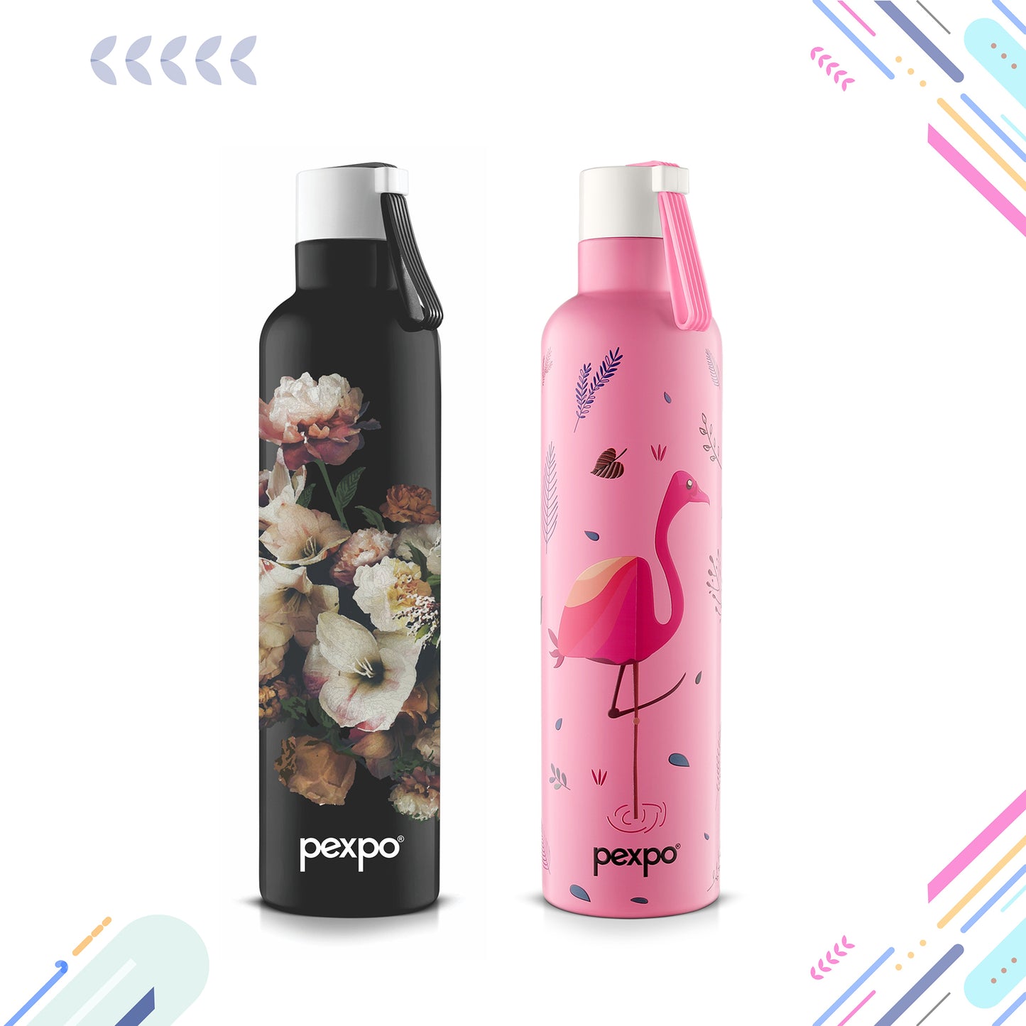 Combo-Oslo Black Floral 750ml (Vacuum Insulated Bottle) and Oslo Pink Flamingo Design 750ml(Vacuum Insulated Bottle)