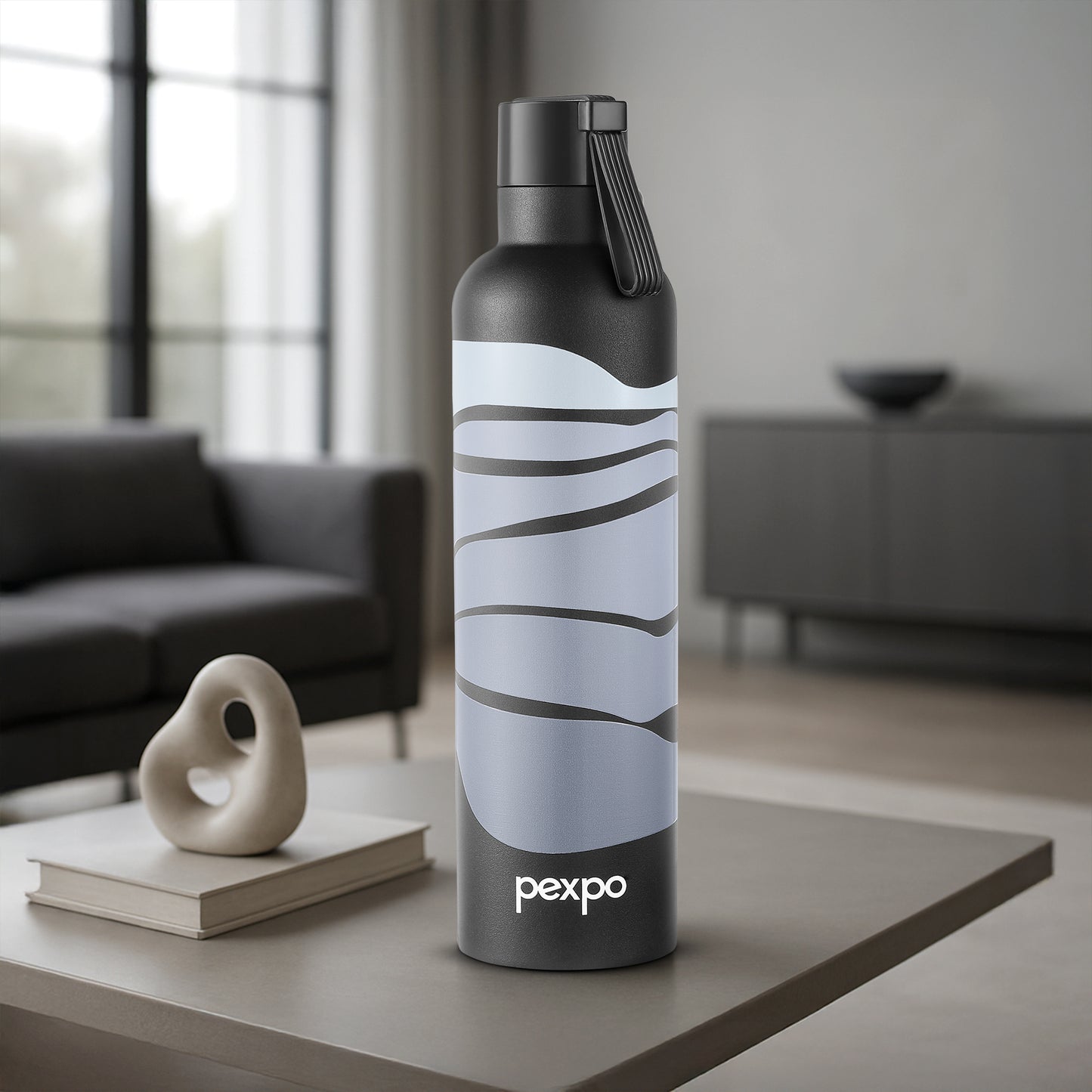 Pexpo Oslo Thermo Steel Bottle | Tri-Ply Vacuum Insulated Hot & Cold Flask | For Daily Use - Grey Wave Print