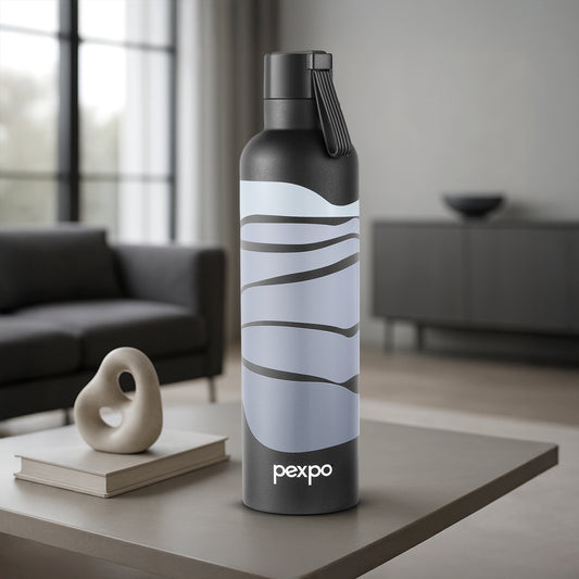 Pexpo Oslo Thermo Steel Bottle | Tri-Ply Vacuum Insulated Hot & Cold Flask | For Daily Use - Grey Wave Print
