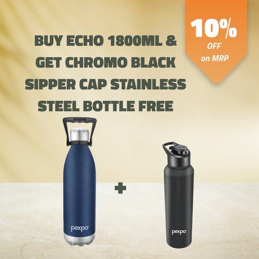 ECHO 1800ml Denim Blue ( Hot and Cold Vacuum Insulated) with  Chromo 1000ml Stainless Steel Black Knight (Fridge/Sports Bottle ) Free !