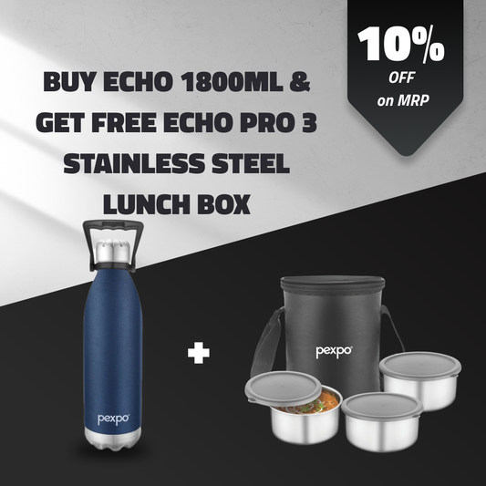 ECHO 1800ml Denim Blue ( Hot & Cold Vacuum Insulated) with  Eco Pro-3 Black (  Stainless Steel Lunch Box ) Free !