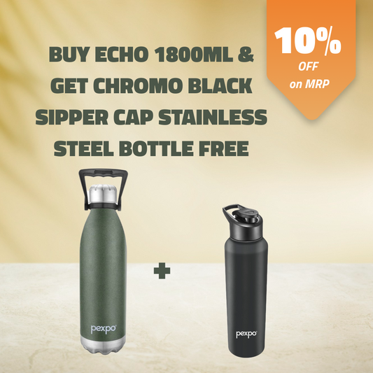 ECHO 1800ml Military Green (Hot & Cold Vacuum Insulated)  with  Chromo 1000ml Stainless Steel Black Knight (Fridge/Sports Bottle ) Free !