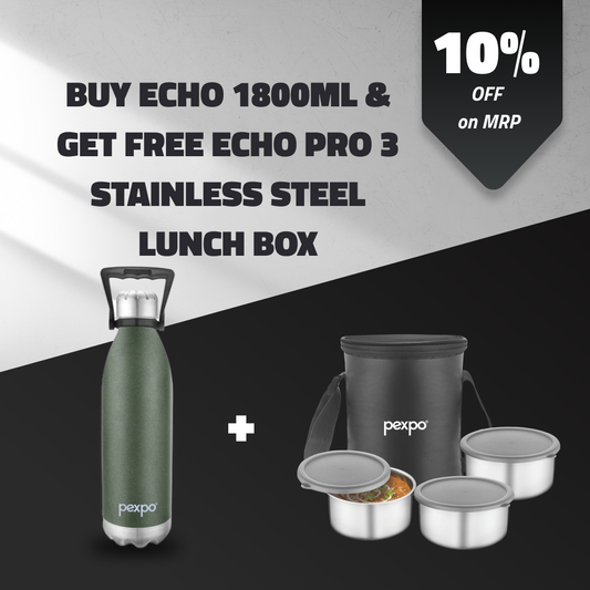 ECHO 1800ml Military Green ( Hot & Cold Vacuum Insulated) with  Eco Pro-3 Black (  Stainless Steel Lunch Box ) Free !