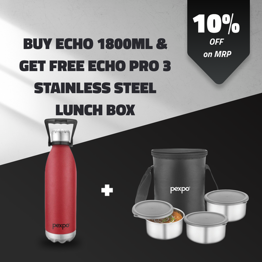 ECHO 1800ml Crimson Red ( Hot & Cold Vacuum Insulated) with  Eco Pro-3 Black ( Stainless Steel Lunch Box ) Free !