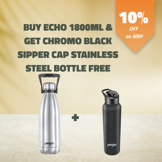ECHO 1800ml Silver (Hot & Cold Vacuum Insulated) with  Chromo 1000ml Stainless Steel Black Knight (Fridge/Sports Bottle ) Free !