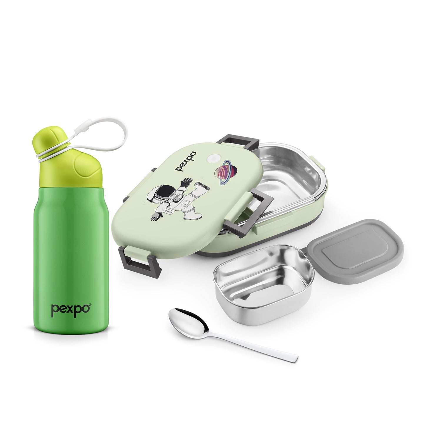 Combo- Piano 425 ml Green (Vacuum Insulated Bottle) and Tango Green Astronaut Design (Lunch Box)