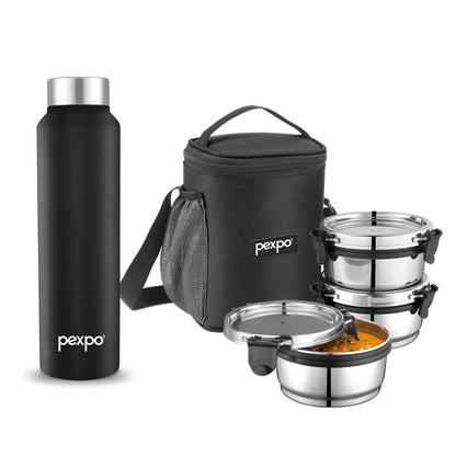 Combo- Steel X Pro Black (Lunch Box) and Chromo 750 ml Black (Water Bottle)