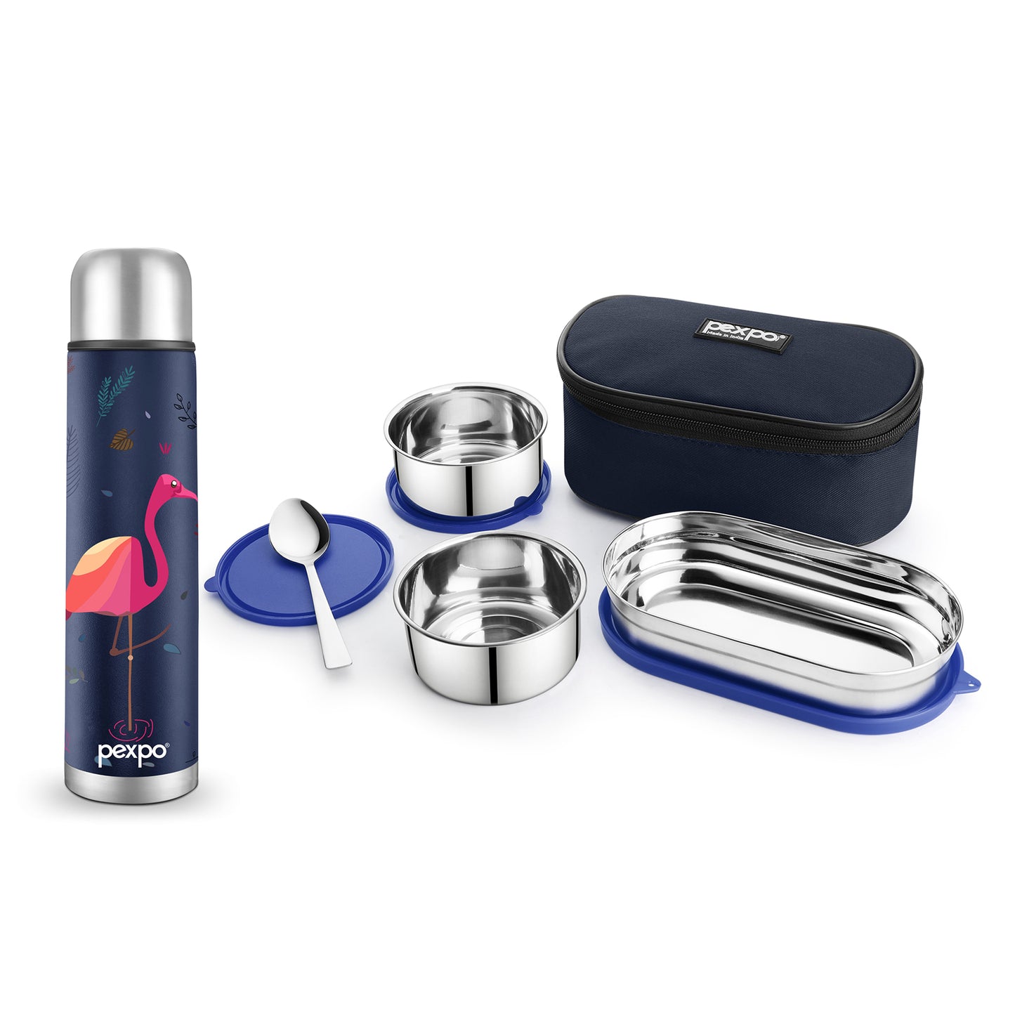 Combo- Flamingo with Bird Design 500ml Blue (Vacuum Insulated bottle) and Delight Steel Blue (Lunch Box)