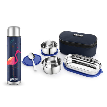 Combo- Flamingo with Bird Design 500ml Blue (Vacuum Insulated bottle) and Delight Steel Blue (Lunch Box)