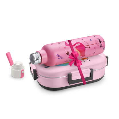Combo- Oslo Pink with Flamingo design 750ml (Vacuum Insulated) and Tango Pink School Bag Design (Lunch Box)