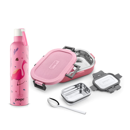 Combo- Oslo Pink with Flamingo design  750 ml (Vacuum Insulted Bottle) and Tasty Bite  Pink (Lunch Box)