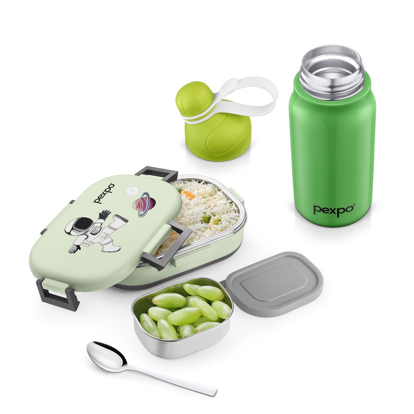 Combo- Piano 425 ml Green (Vacuum Insulated Bottle) and Tango Green Astronaut Design (Lunch Box)