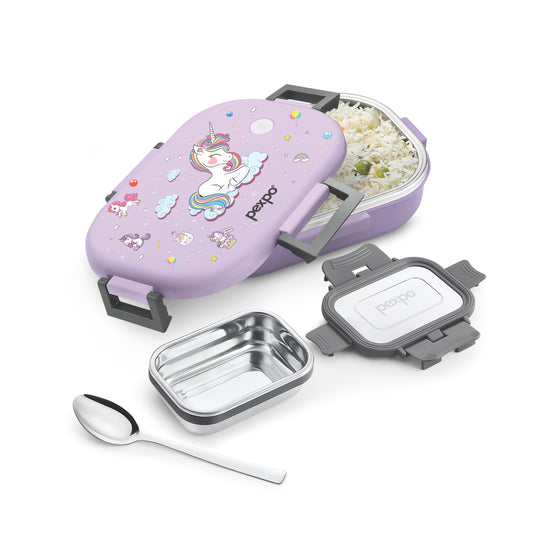 Pexpo Tasty Treat - Stainless Steel Kids Unicorn Lunch Box 650 | Purple